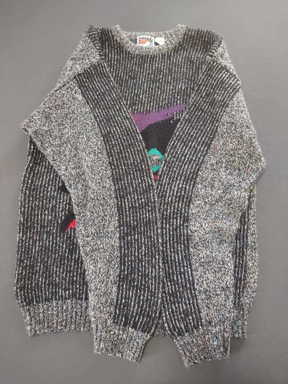 Vtg Concrete Men's Black Marled Crewneck Sweater with Abstract Color Block - Picture 2 of 8